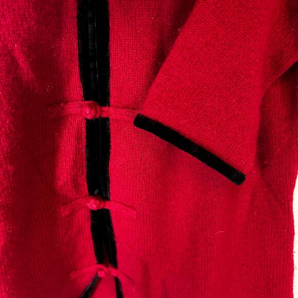 Laura Ashley Red Wool Angora Silk Black Velvet Trim LS Cardigan Sweater Size M - Picture 7 of 10